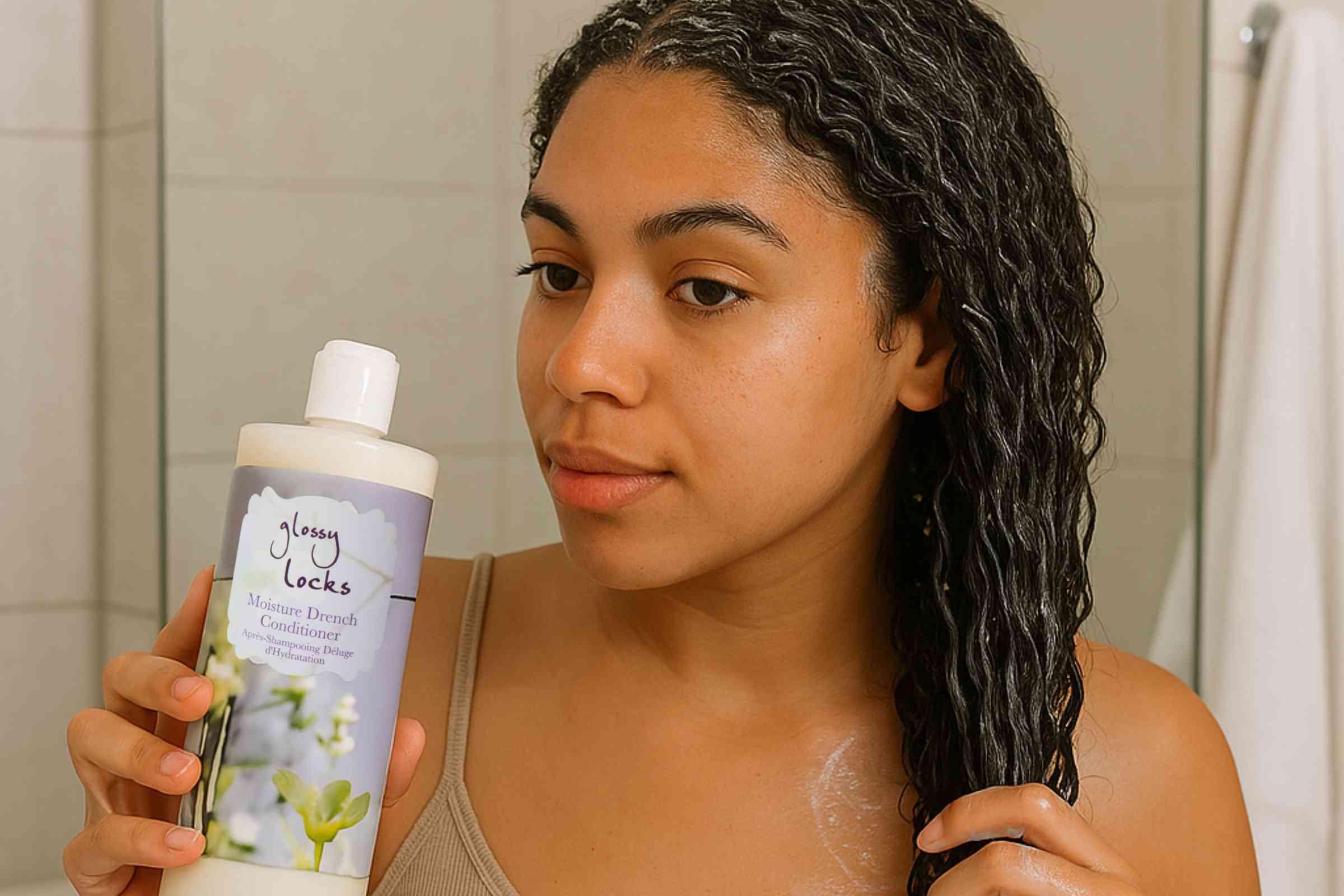 Woman_using_100_PURE_Glossy_Locks_Moisture_Drench_Conditioner_to_detangle_wet_hair