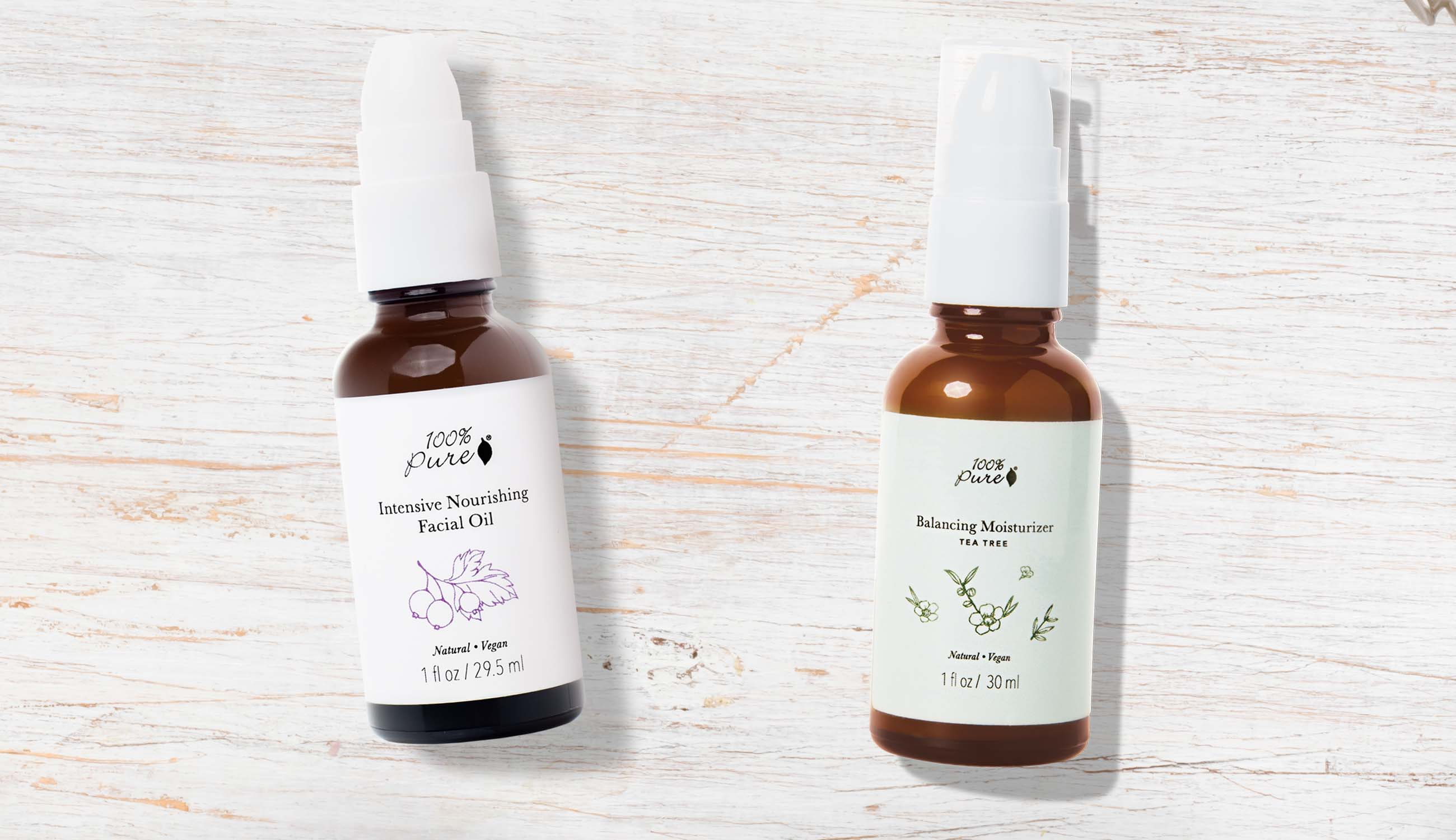 100% PURE products for non-comedogenic skincare: facial oil and tea tree moisturizer