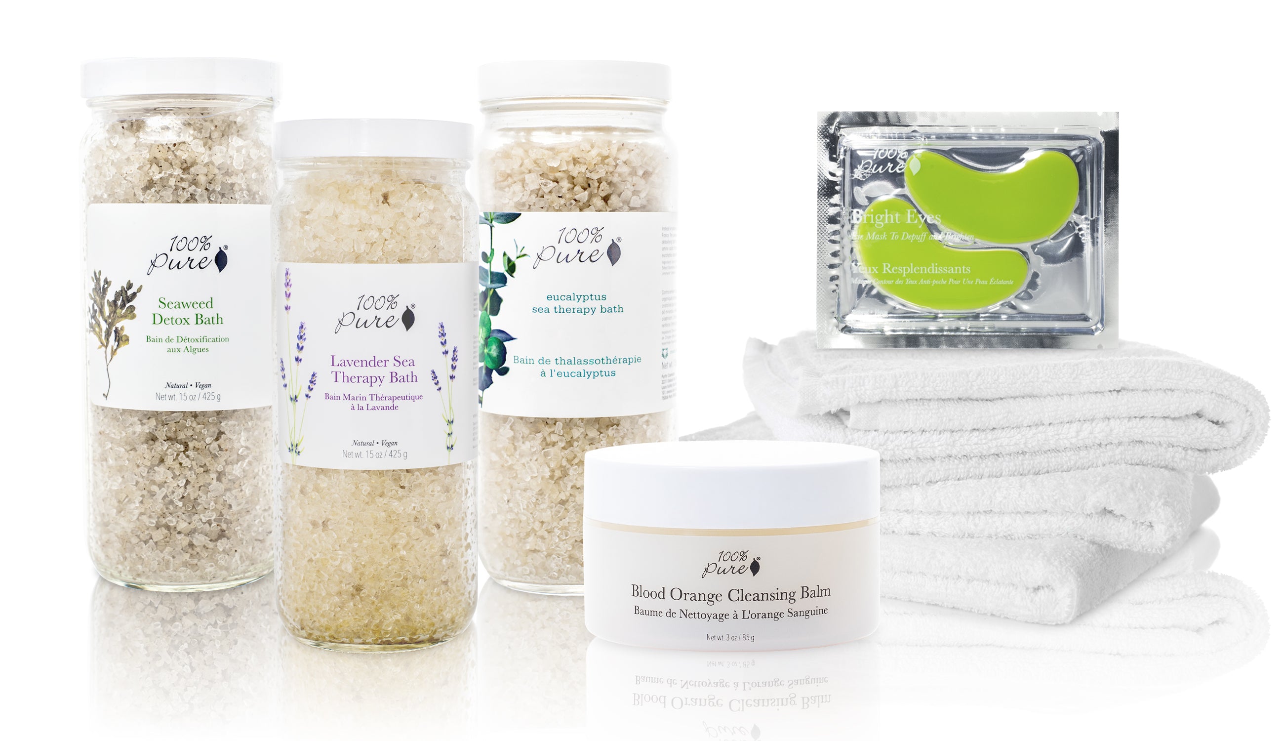 100% PURE Products (bath salts, cleansing balm and eye mask) perfect for pampering like a pro